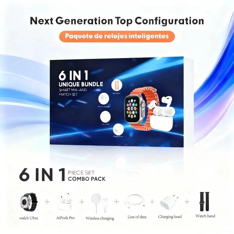 6-in-1 Smart watch Kit Smart Watches for iPhone/Andriod: Smartwatch, Bluetooth headphones, 20W fast charger, Type-C cable, adapter, audio support, compact & portable Wearable Tech Android Charging Smartphone Chargeable