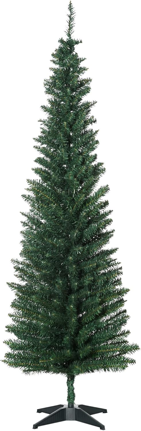 HOMCOM 6' Artificial Pencil Christmas Tree, Slim Xmas Tree with 390 Realistic Branch Tips and Plastic Stand, Green
