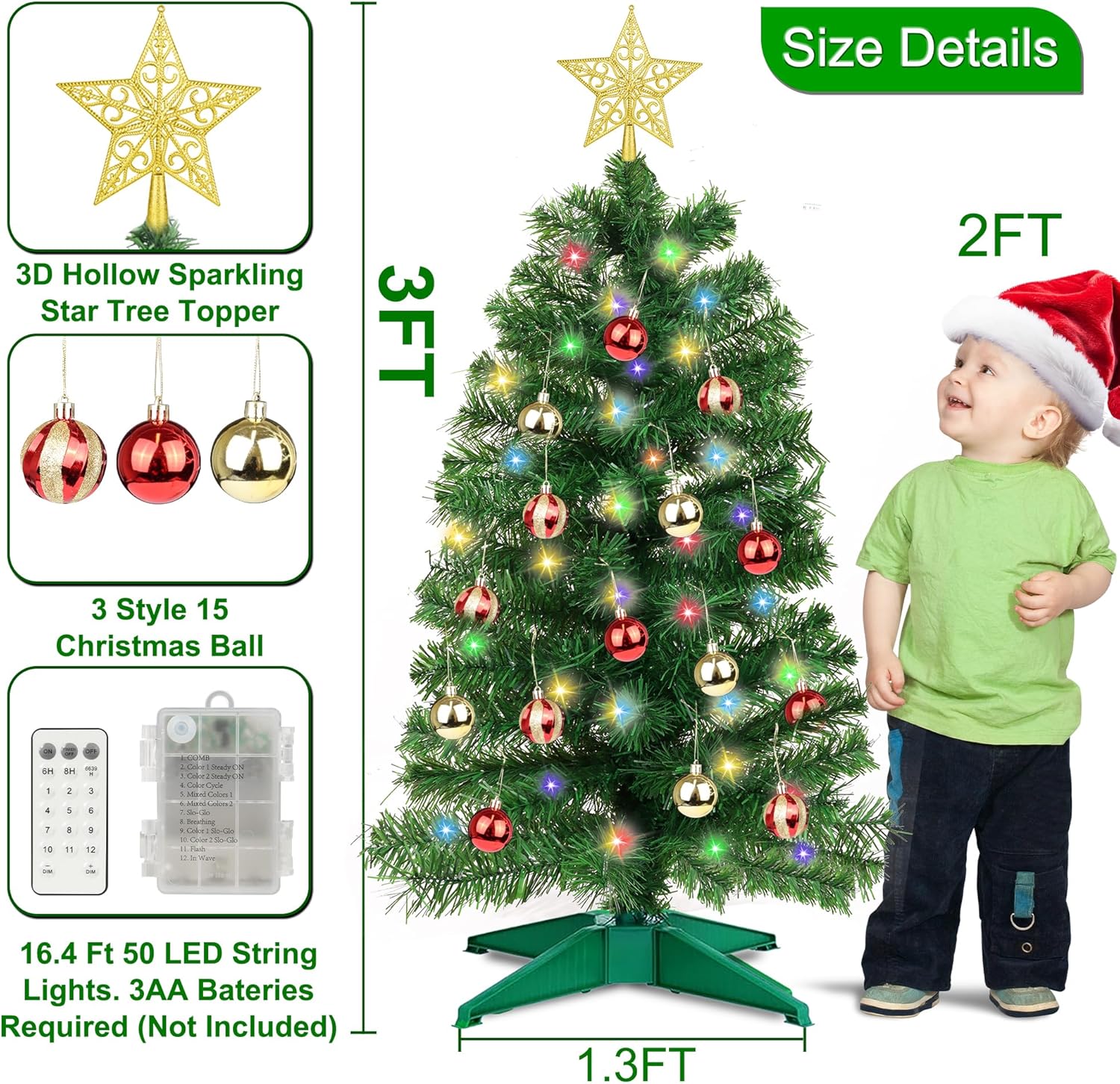 3 Ft Green Christmas Tree Tinsel Dual Color Change 12 Modes Timer DIY 50 Warm White & Colored Lights 15 Ball Ornaments Star Battery Operated Small Artificial Full Xmas Tree Table Indoor Holiday Decor