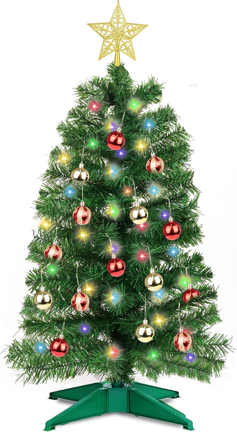 3 Ft Green Christmas Tree Tinsel Dual Color Change 12 Modes Timer DIY 50 Warm White & Colored Lights 15 Ball Ornaments Star Battery Operated Small Artificial Full Xmas Tree Table Indoor Holiday Decor