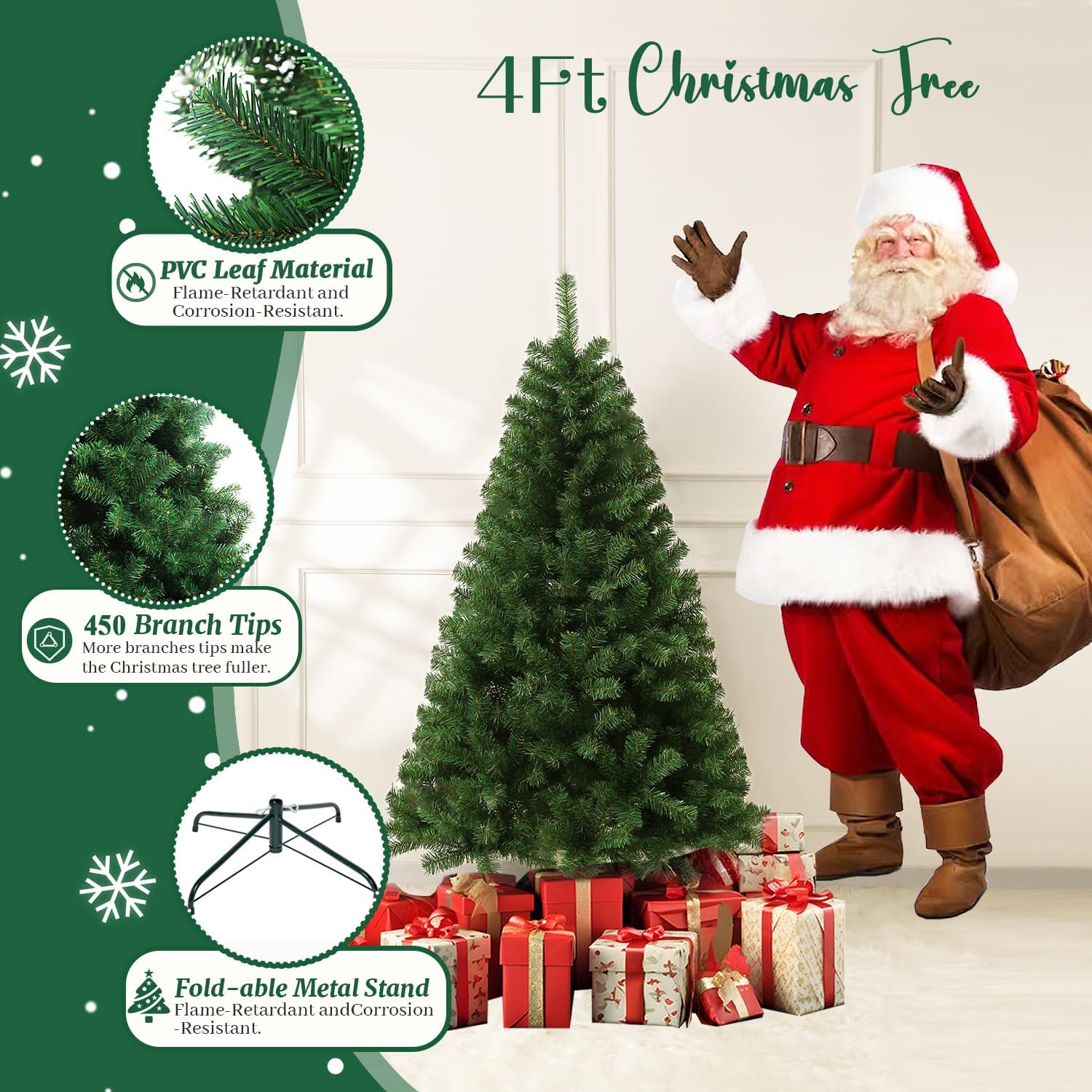 4ft Artificial Christmas Tree, Arbol de Navidad with 450 Branch Tips, Premium North Valley Spruce with Fold-Able Base Stand, Xmas Tree for Home, Office, Shop Decoration