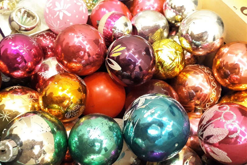 【Christmas Collection】50 Assorted glass christmas tree ball ornaments,assortment xmas antique balls,vintage décor,midcentury ornament, winter holidays decorations