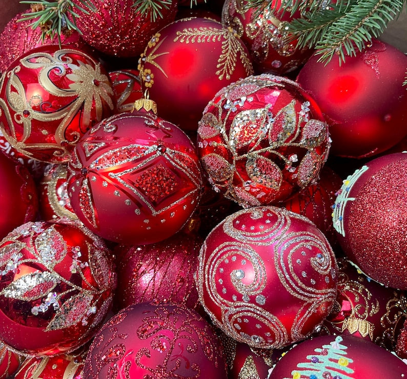 50 Handcrafted Christmas Glass Ornaments Set - Festive Set of red Balls Ornaments for Holiday Home Decor 2024, Christmas decorations