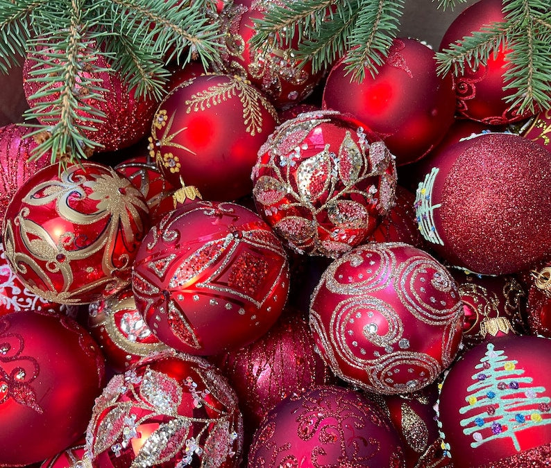 50 Handcrafted Christmas Glass Ornaments Set - Festive Set of red Balls Ornaments for Holiday Home Decor 2024, Christmas decorations