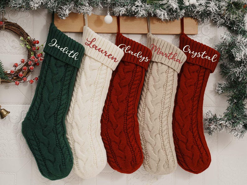 Personalized Knit Christmas Stocking: 2025 Embroidered Family Name, Monogram Stocking, Holiday Decor