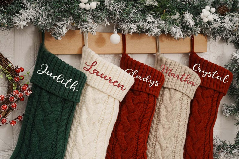 Personalized Knit Christmas Stocking: 2025 Embroidered Family Name, Monogram Stocking, Holiday Decor