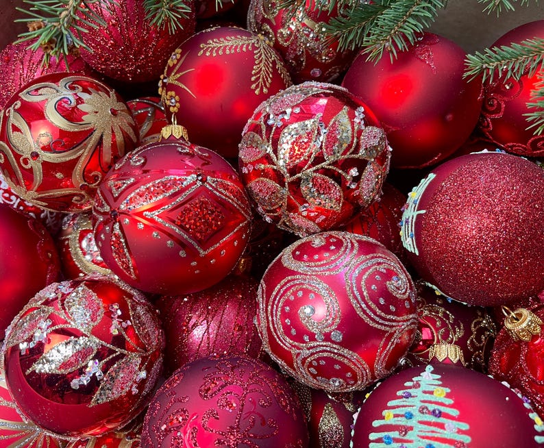 50 Handcrafted Christmas Glass Ornaments Set - Festive Set of red Balls Ornaments for Holiday Home Decor 2024, Christmas decorations