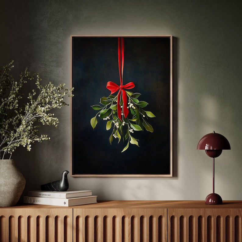 Classic Mistletoe Canvas Art - Festive Holiday Wall Decor with Red Bow and Greenery - Elegant Christmas Decoration for Home