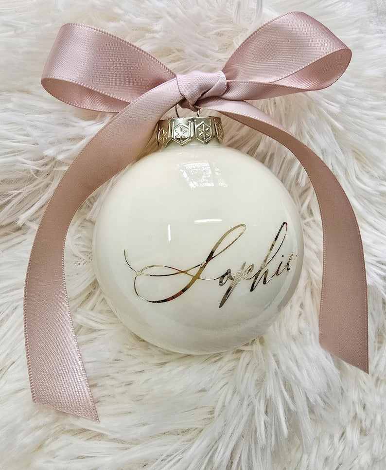 Personalized Glass Christmas Bauble with Satin Ribbon