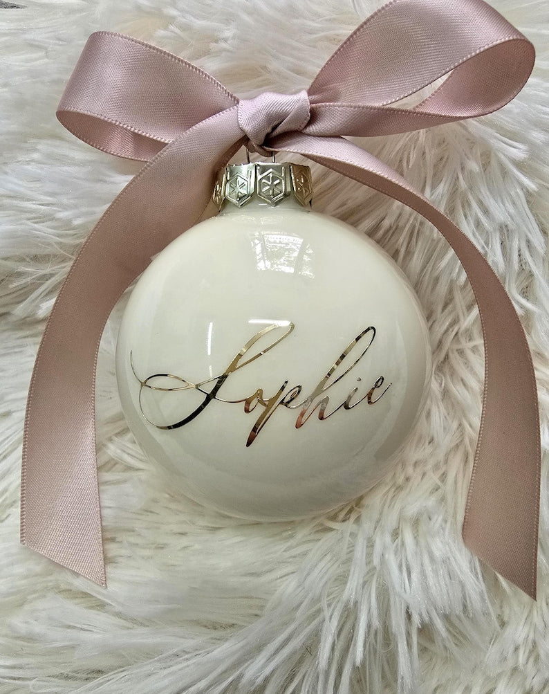 Personalized Glass Christmas Bauble with Satin Ribbon