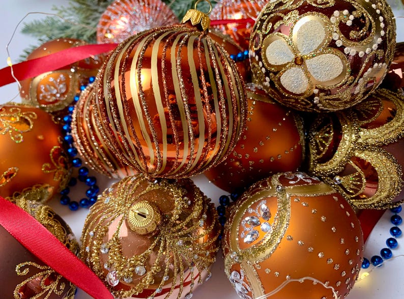 Handmade Glass Christmas Ornaments Set of 10 – Orange and Gold Baubles – Glitter Holiday Balls – Luxury Xmas Tree Decor