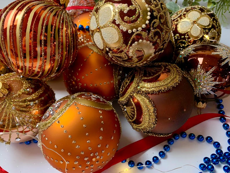 Handmade Glass Christmas Ornaments Set of 10 – Orange and Gold Baubles – Glitter Holiday Balls – Luxury Xmas Tree Decor