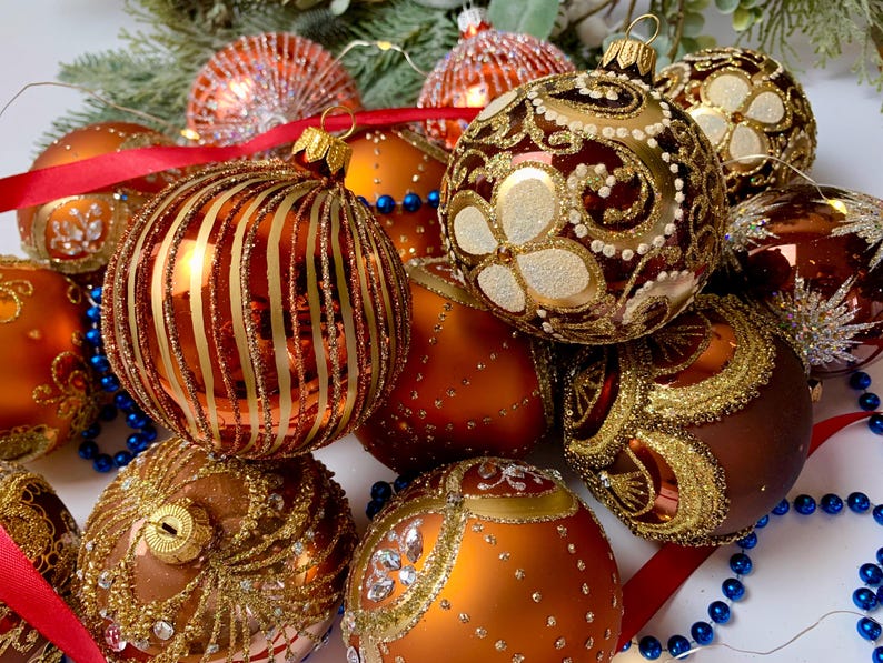 Handmade Glass Christmas Ornaments Set of 10 – Orange and Gold Baubles – Glitter Holiday Balls – Luxury Xmas Tree Decor