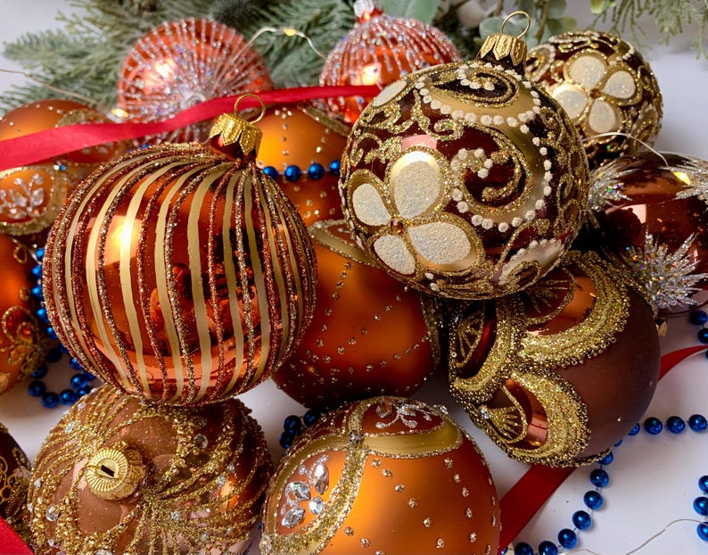 Handmade Glass Christmas Ornaments Set of 10 – Orange and Gold Baubles – Glitter Holiday Balls – Luxury Xmas Tree Decor