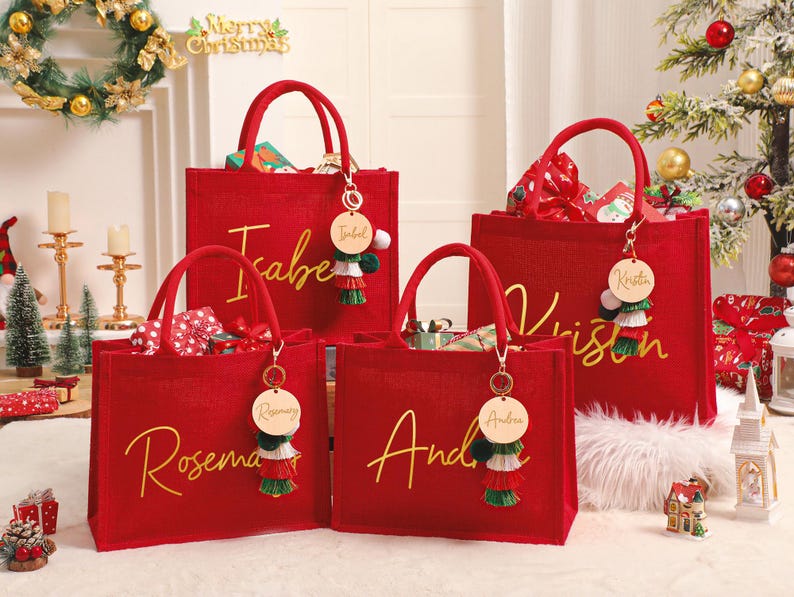 Personalized Red Burlap Christmas Gift Bag & Charm,Christmas Party Bag,Christmas Burlap Bag,Holiday Gift Bag,Christmas Eve Gift Bags