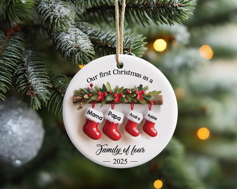 Personalized Family of Three Ceramic Christmas Ornament 2025, Custom New Family Ornament, Baby's First Christmas Ornament