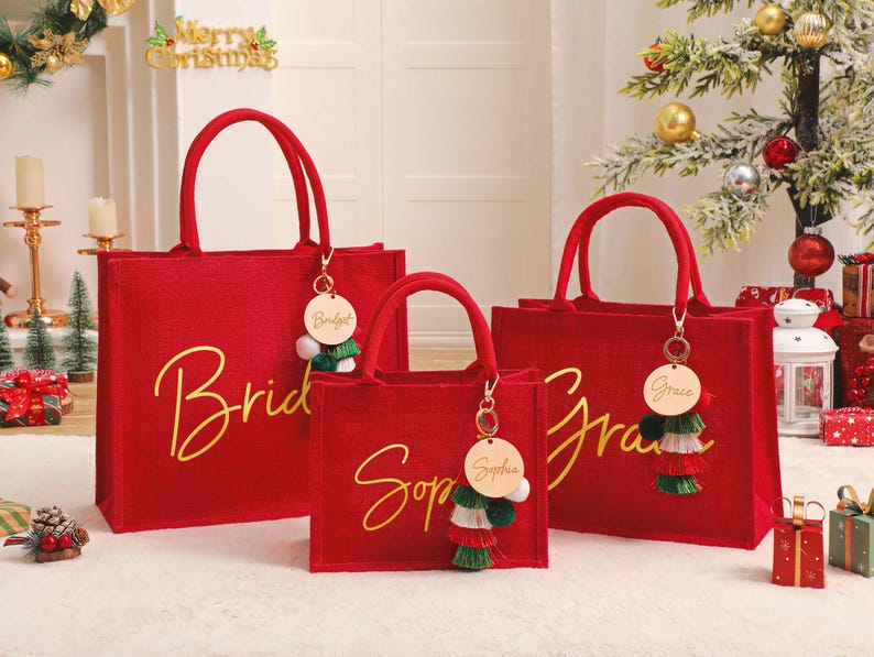 Personalized Red Burlap Christmas Gift Bag & Charm,Christmas Party Bag,Christmas Burlap Bag,Holiday Gift Bag,Christmas Eve Gift Bags