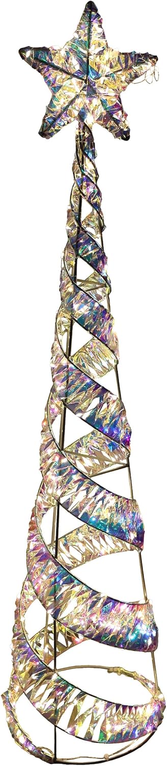 Alpine Corporation 36" Tall Iridescent Ribbon Wrapped Spiral Christmas Tree with LED Lights