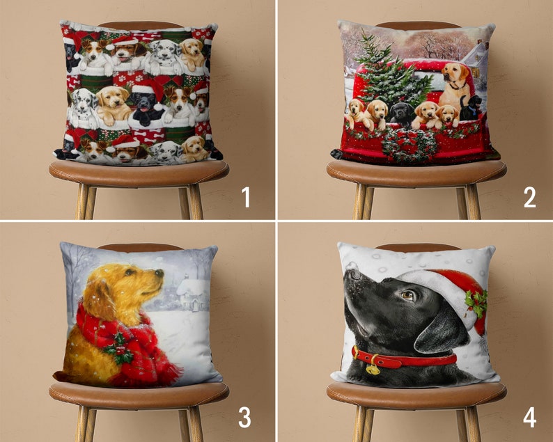 Cute Christmas Dog Pillow Cover, Dog in Winter Cushion Cover, Holiday Pillow Case, Christmas Decoration, Winter Gift, Santa Hat Decor, 18x18