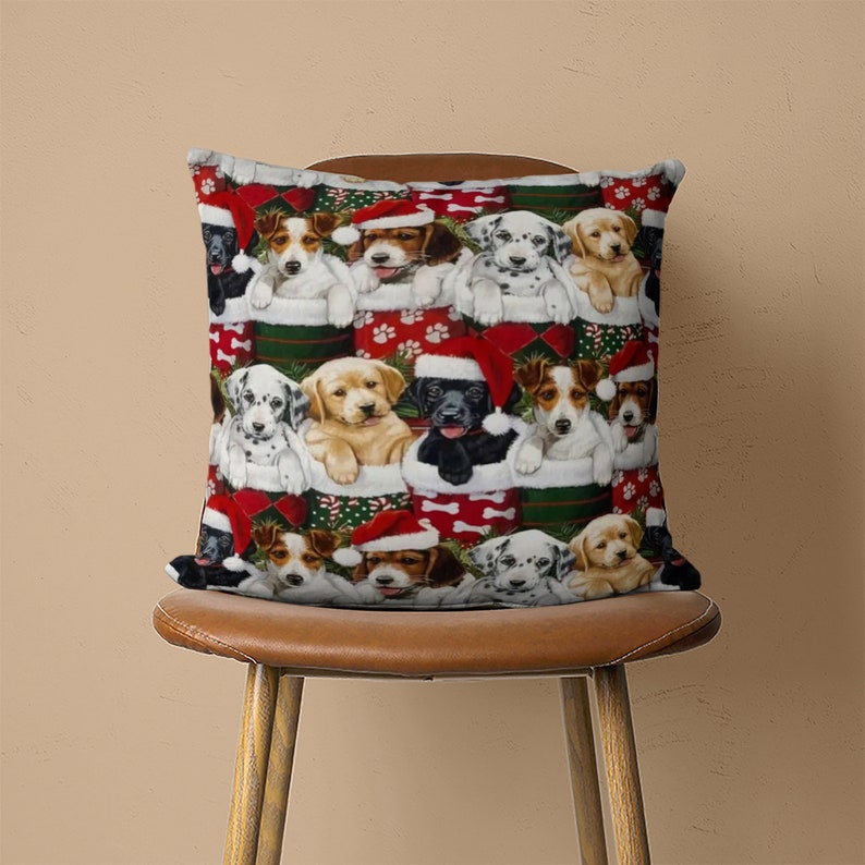 Cute Christmas Dog Pillow Cover, Dog in Winter Cushion Cover, Holiday Pillow Case, Christmas Decoration, Winter Gift, Santa Hat Decor, 18x18