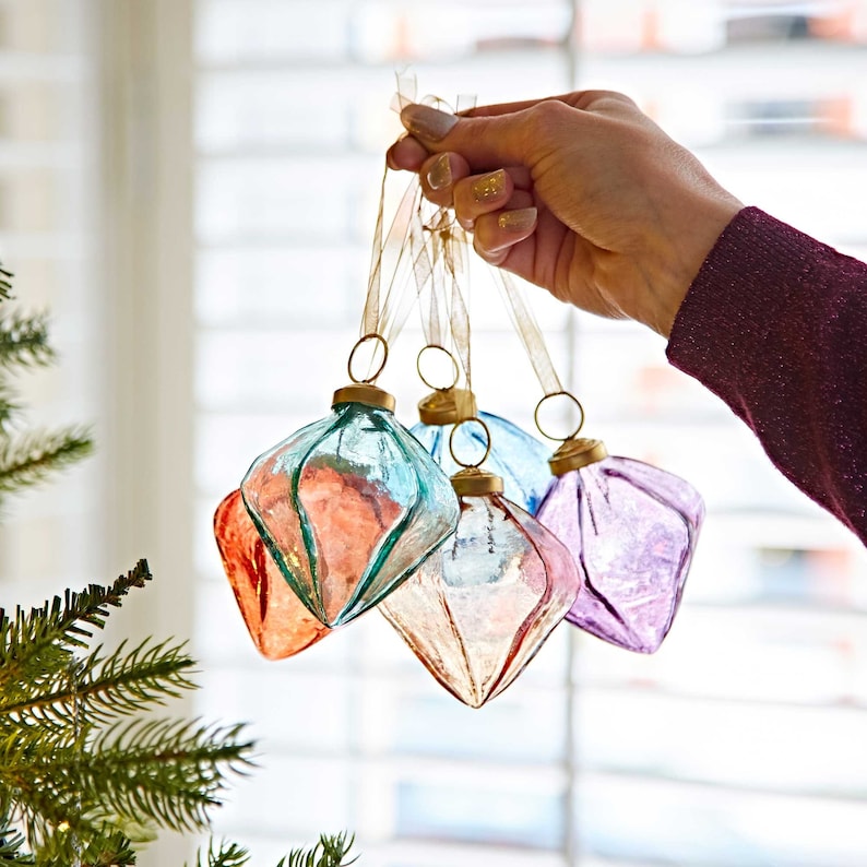 Coloured Recycled Glass Diamond Christmas Baubles: Fair Trade Holiday Decor