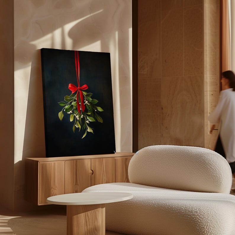 Classic Mistletoe Canvas Art - Festive Holiday Wall Decor with Red Bow and Greenery - Elegant Christmas Decoration for Home