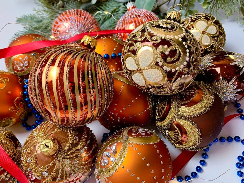 Handmade Glass Christmas Ornaments Set of 10 – Orange and Gold Baubles – Glitter Holiday Balls – Luxury Xmas Tree Decor